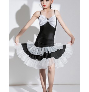 Girls kids black with white bowknot latin dance dresses ruffles ballroom salsa rumba chacha dance costumes for children